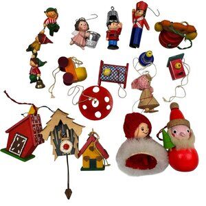 Germany Italy Christmas Ornaments Lot Wooden Handmade Figures Houses Soldier Elf